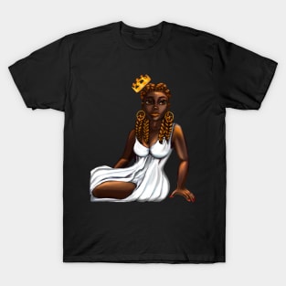 Queen Black is beautiful black woman art with crown, white dress and braids, brown eyes and dark brown skin ! T-Shirt
